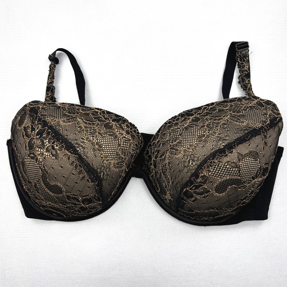 Cacique Bra 44DDD Black Gold Metallic Floral Lace Balconette Underwire Full